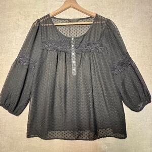 Peridot Sheer Black Blouse Large 3/4 Sleeve Lace Detail Witchy Romantic Goth